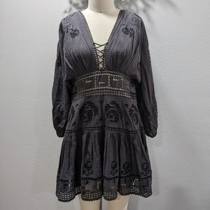 Grey Boho Dress, Free People, Sz 8, Embroidered Elegant Sexy Dress, Spring Dress